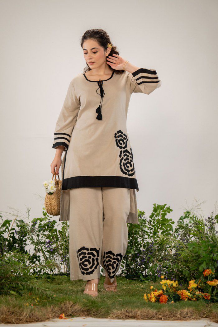 Beige & Black Floral Co-Ord Set – Grace with a Touch of Bold