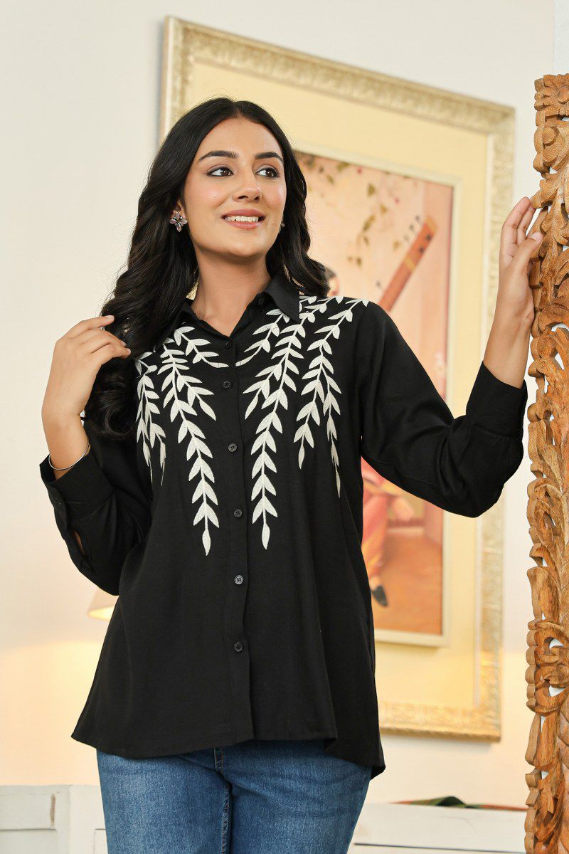Black Button-Down Shirt with White Leaf Embroidery