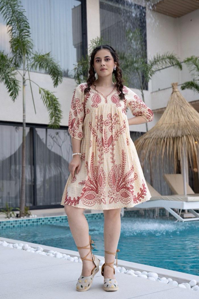 Desert Bloom: Beige & Maroon Embroidered Cotton Dress