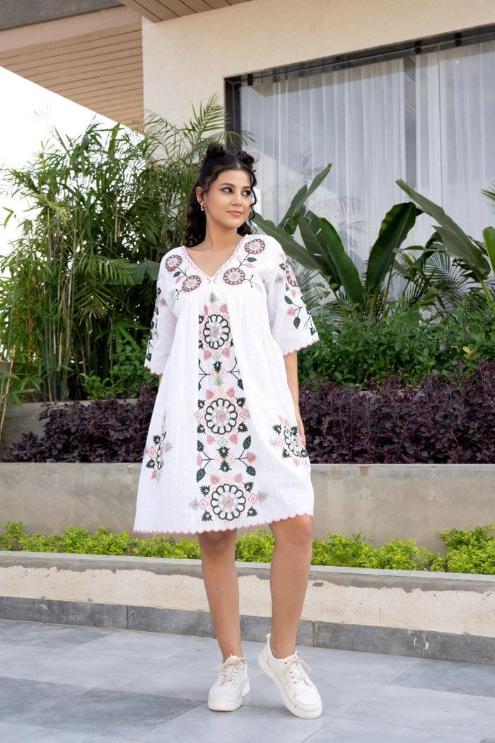 White Cotton Embroidered Easy-Fit Dress