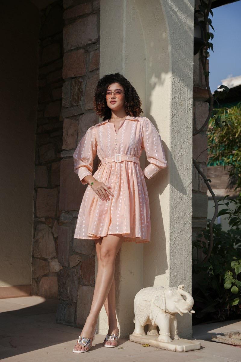Peach Dream Belted Fit & Flare Dress