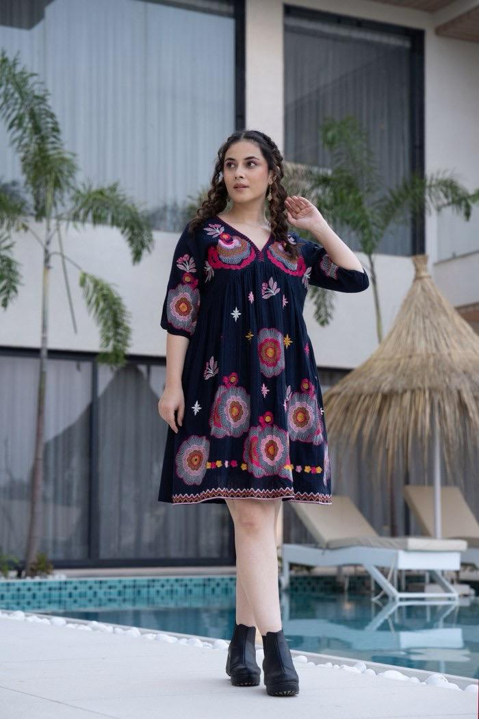 Bold Navy Dress with Vibrant Floral Embroidery