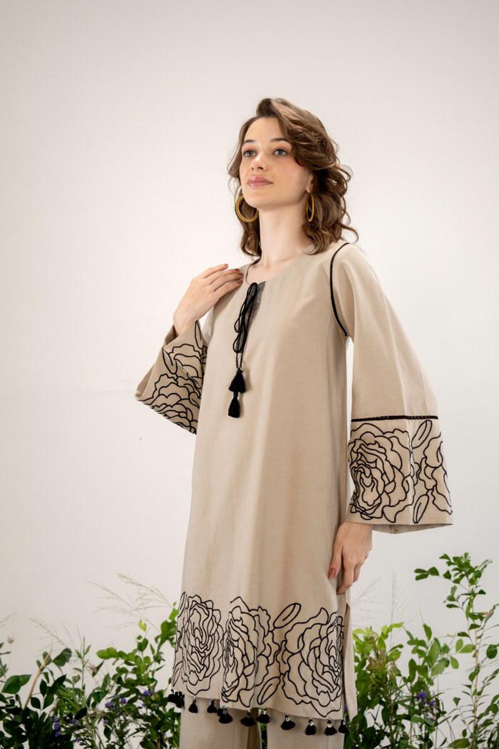 Elegant Beige Floral Embroidered Co-Ord Set