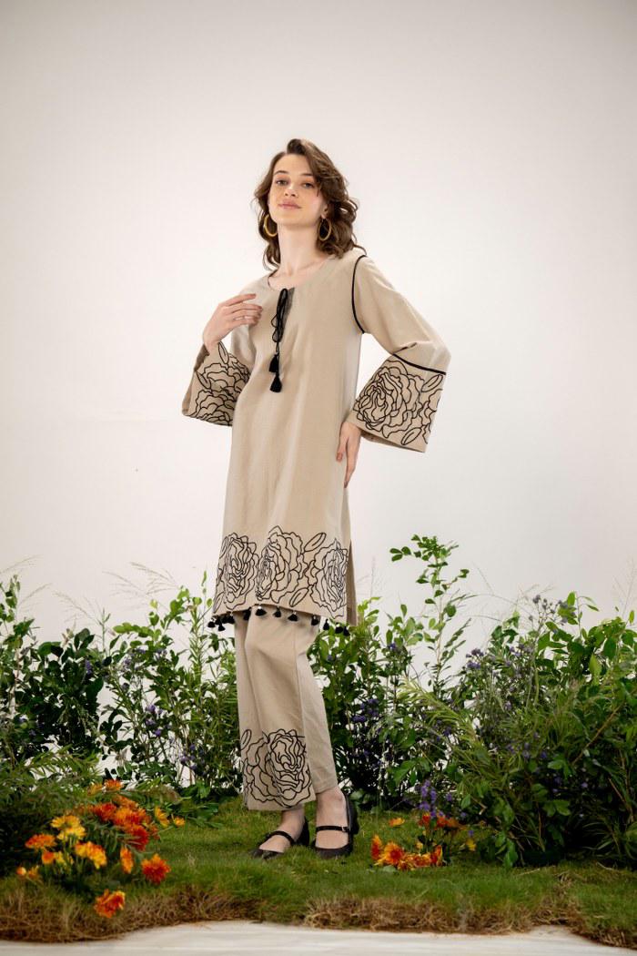 Elegant Beige Floral Embroidered Co-Ord Set