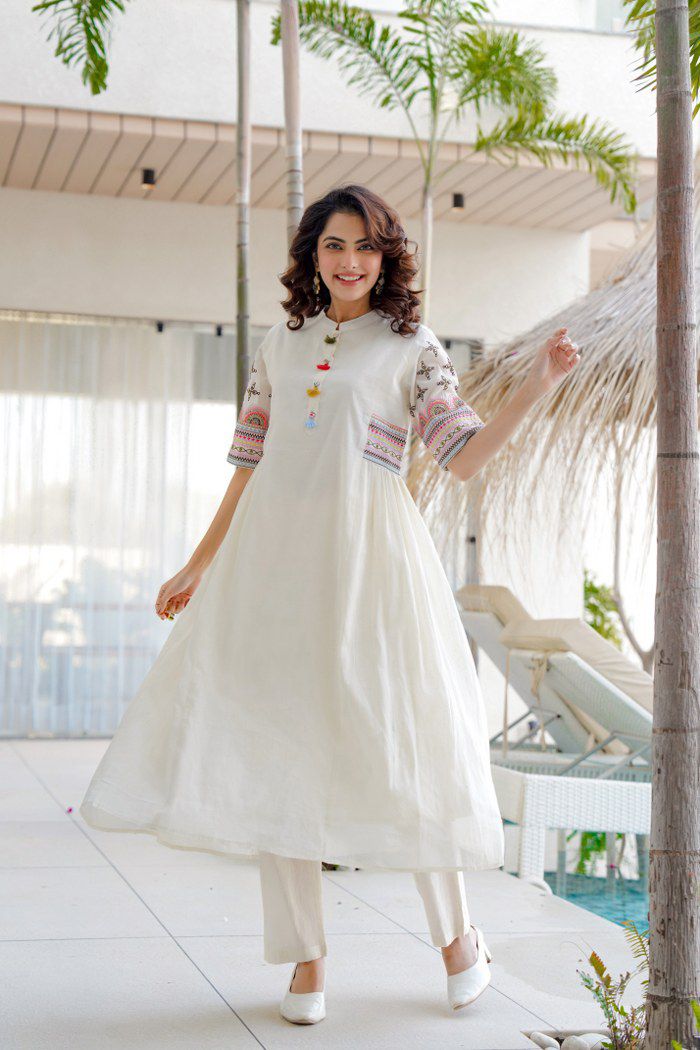 Ivory A-Line Kurta Set with Embroidered Sleeves – Ethnic Elegance