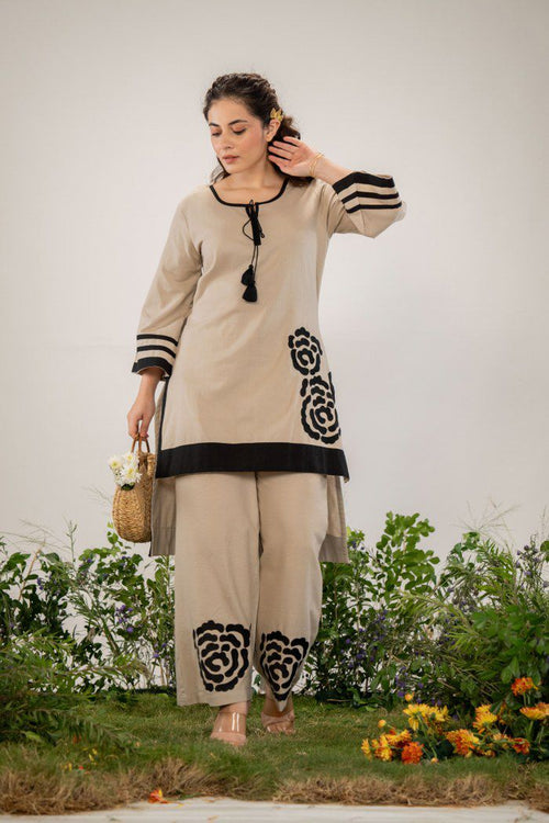 Beige & Black Floral Co-Ord Set – Grace with a Touch of Bold