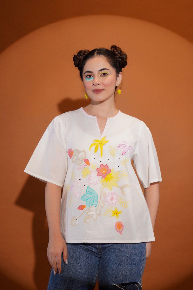 Whimsical White Floral Pop Art Top – Vibrant & Youthful Vibes