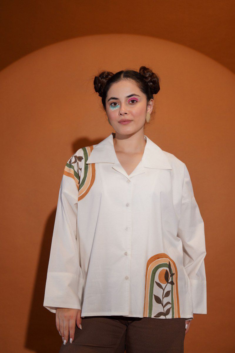 Earthy Chic: Hand-Painted Oversized Cotton Shirt