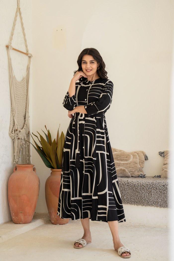 Monochrome Magic: Black & White Geometric Shirt Dress