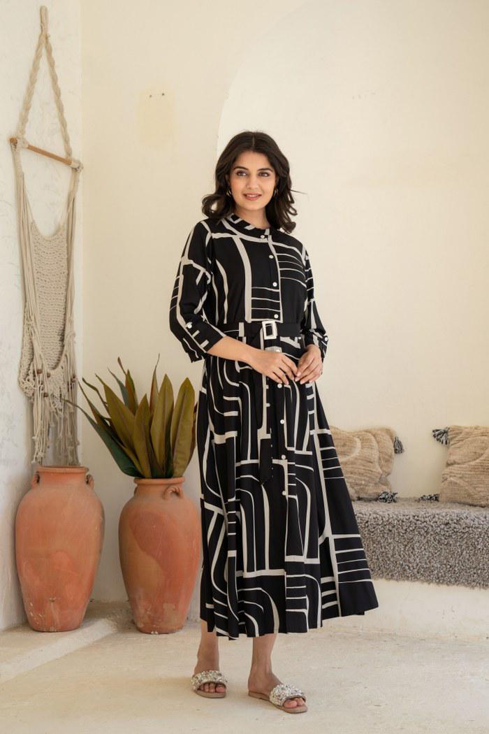 Monochrome Magic: Black & White Geometric Shirt Dress