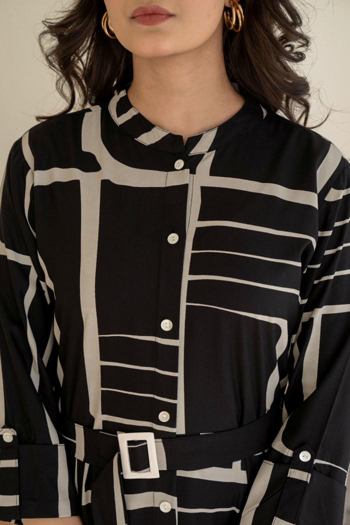 Monochrome Magic: Black & White Geometric Shirt Dress