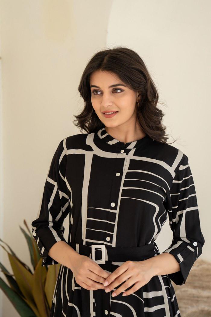 Monochrome Magic: Black & White Geometric Shirt Dress