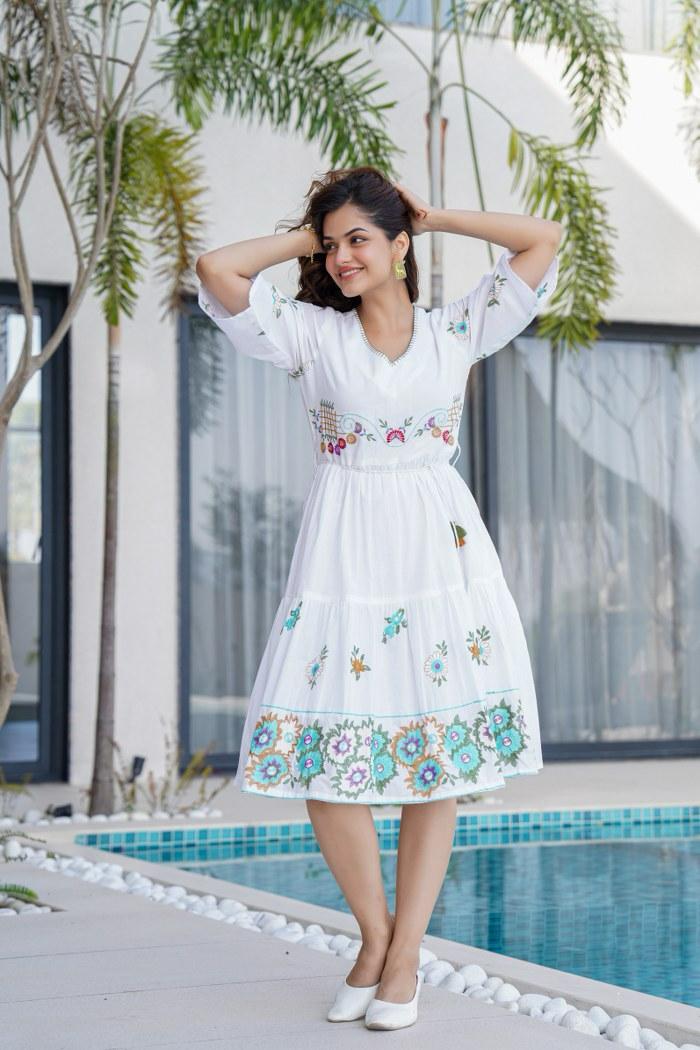 Radiant White Dress with Colorful Floral Embroidery