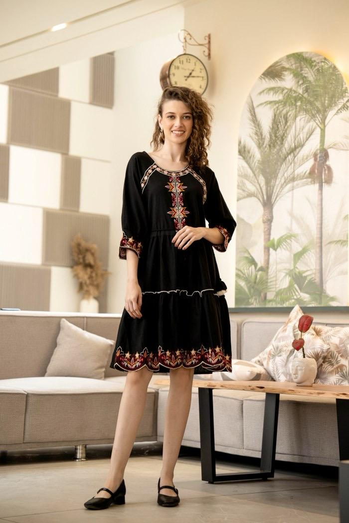 Striking Black Dress with Colorful Embroidered Details