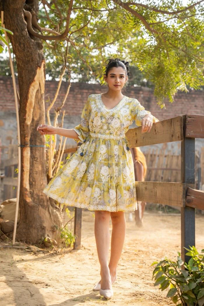 Graceful Yellow Dress with White Floral Embroidery