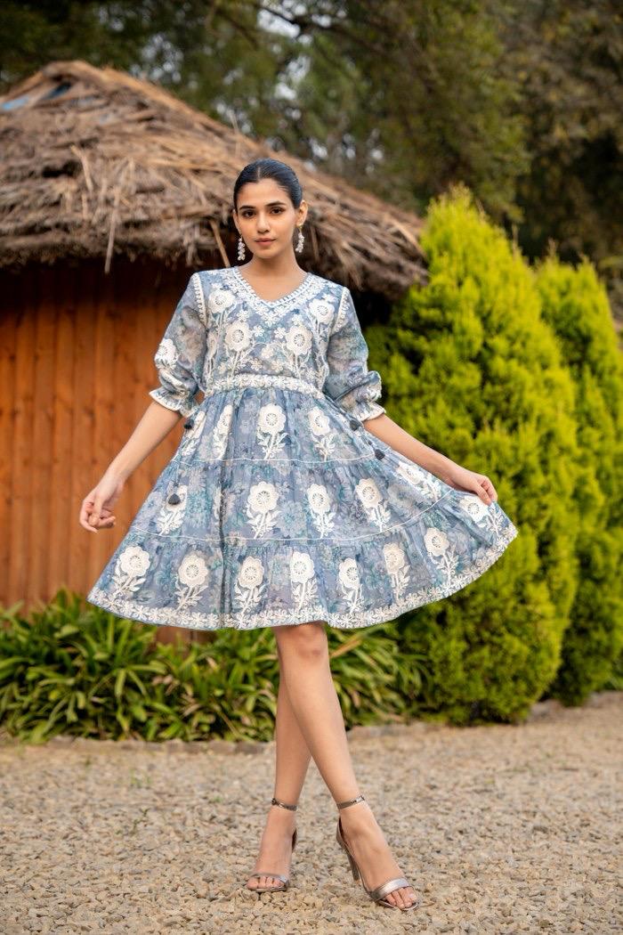 Graceful Yellow Dress with White Floral Embroidery