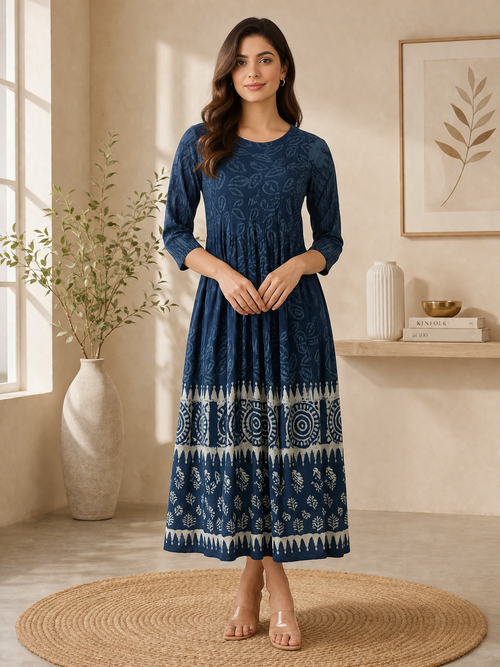 Women's Navy Blue Printed A-Line Cotton Blend Midi Dress | 3/4 Sleeves | Casual & Ethnic Wear