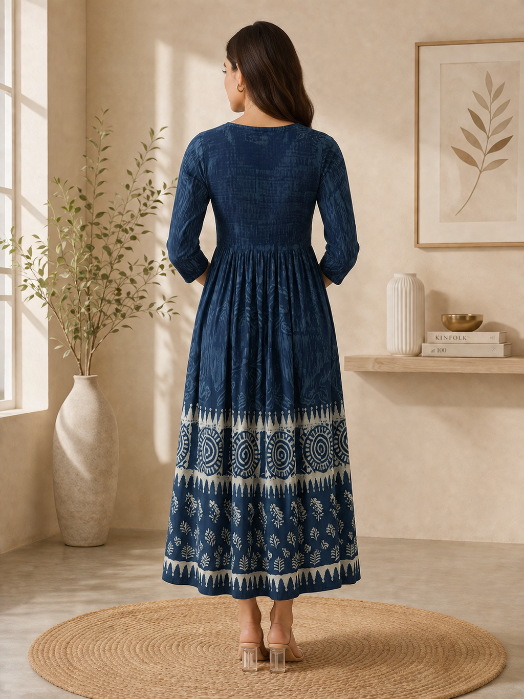 Women's Navy Blue Printed A-Line Cotton Blend Midi Dress | 3/4 Sleeves | Casual & Ethnic Wear